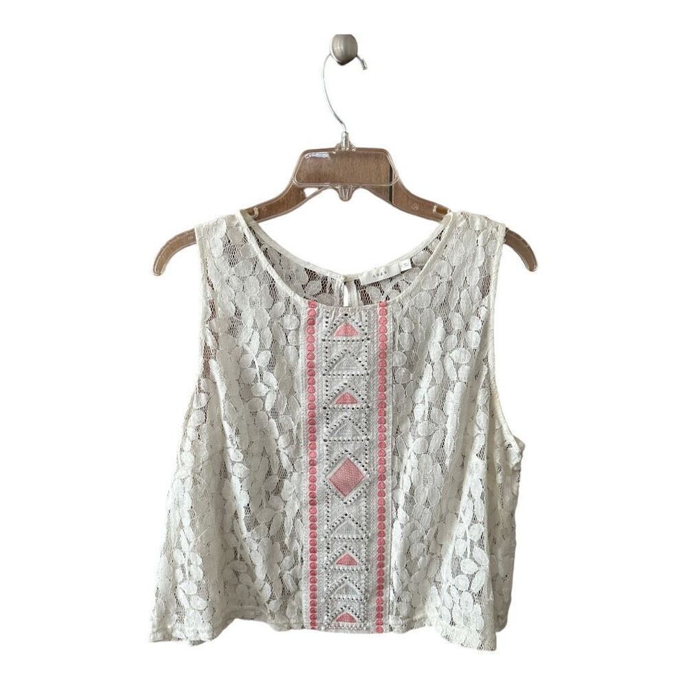 Lush Women's Embroidery Trim Lace Sleeveless Tank Top White Large